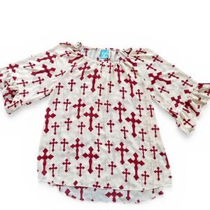 Cowgirl Hardware Cross Print Peasant Top Womens Large Cream Red Excellent Boho